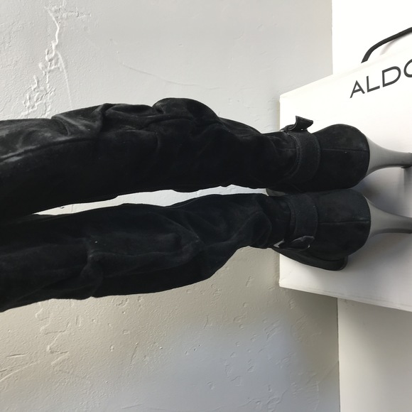 ALDO Black Suede Knee-High Buckle Stiletto Slouch Boots Women's Size 8M - Picture 3 of 12